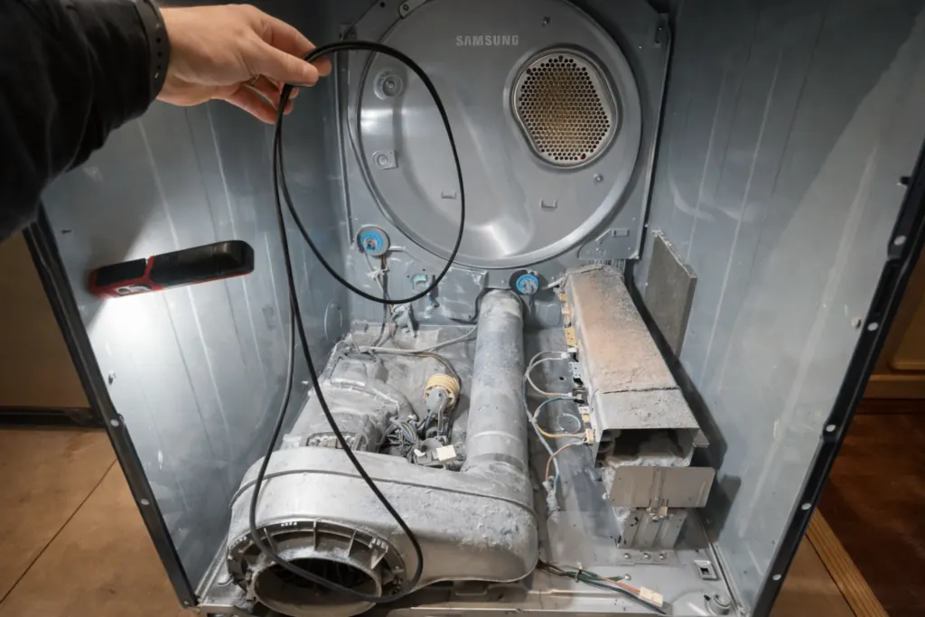Samsung dryer disassembled for repair in a Las Vegas laundry room
