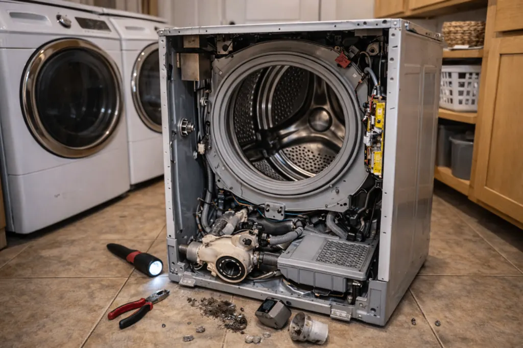 LG front load washer opened for repair in a Las Vegas laundry room