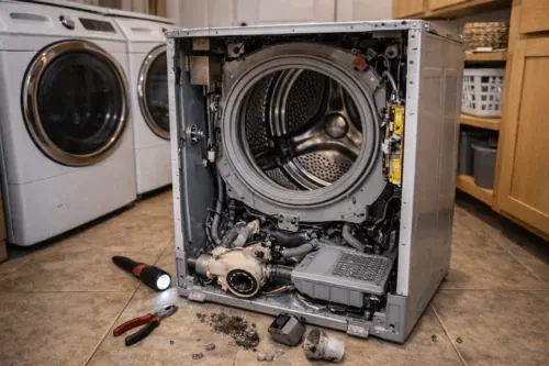 LG front load washer disassembled during repair in a laundry room in Las Vegas, showing drum, drain pump and internal components