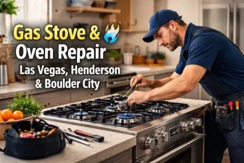 Gas stove repair technician diagnosing kitchen range in Las Vegas home