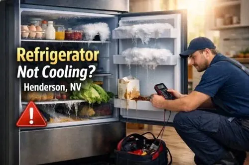 Refrigerator not cooling repair service in Henderson NV technician diagnosing refrigerator cooling problem