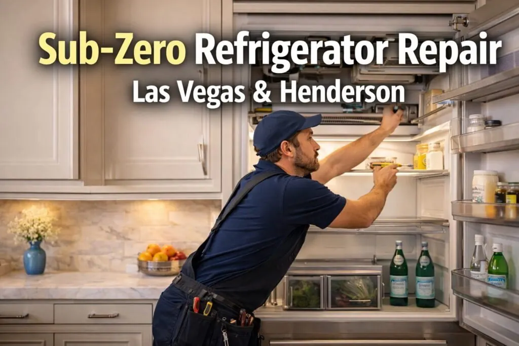 Technician repairing a Sub-Zero built-in refrigerator in a Las Vegas kitchen