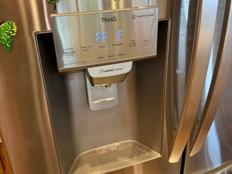 LG refrigerator control panel showing an FF fan error code