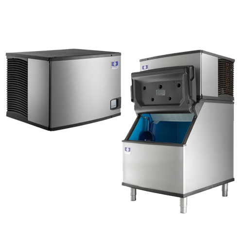 Commercial ice machine on a storage bin