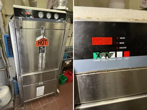 Douglas commercial dishwasher in a Las Vegas restaurant and its worn control panel before repair