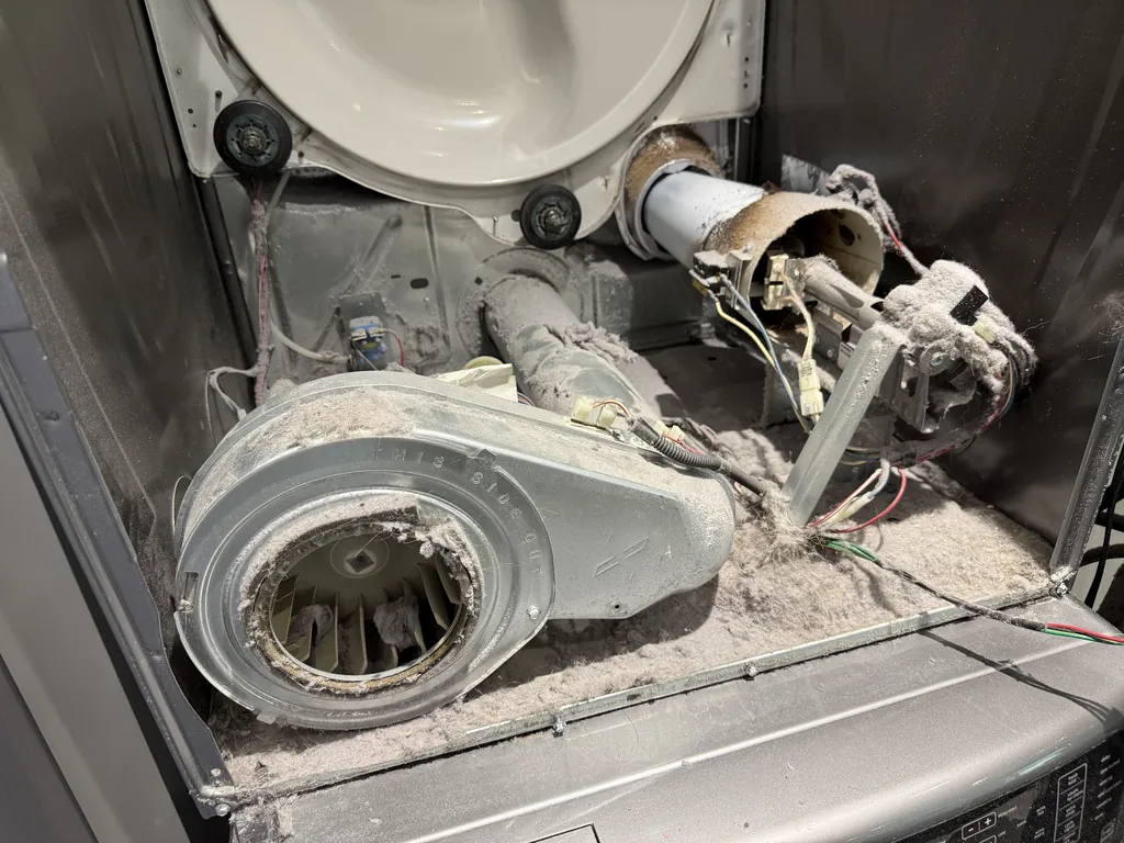 Dryer blower housing and exhaust path clogged with lint