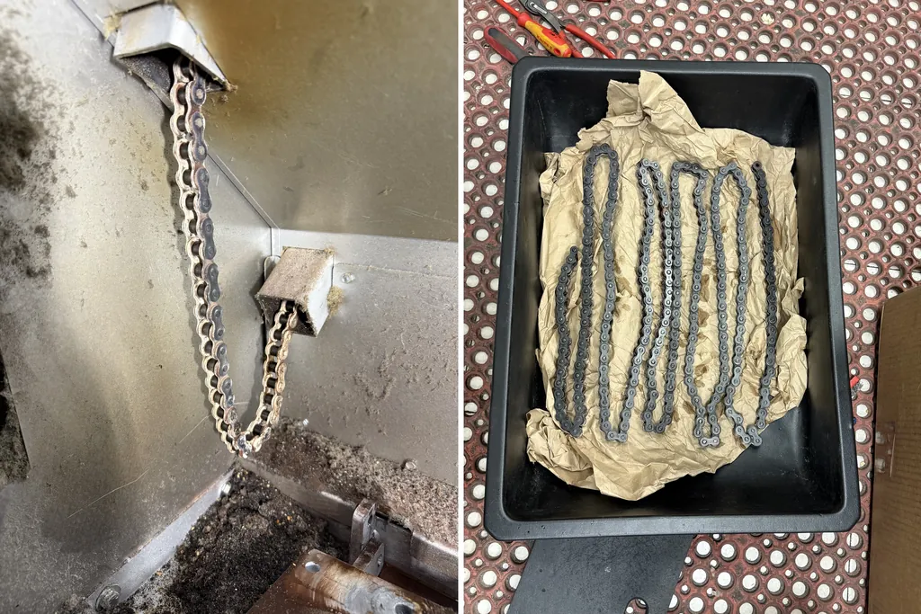 Picard oven drive chain covered in flour and rust before service and cleaned chain ready for food-grade grease