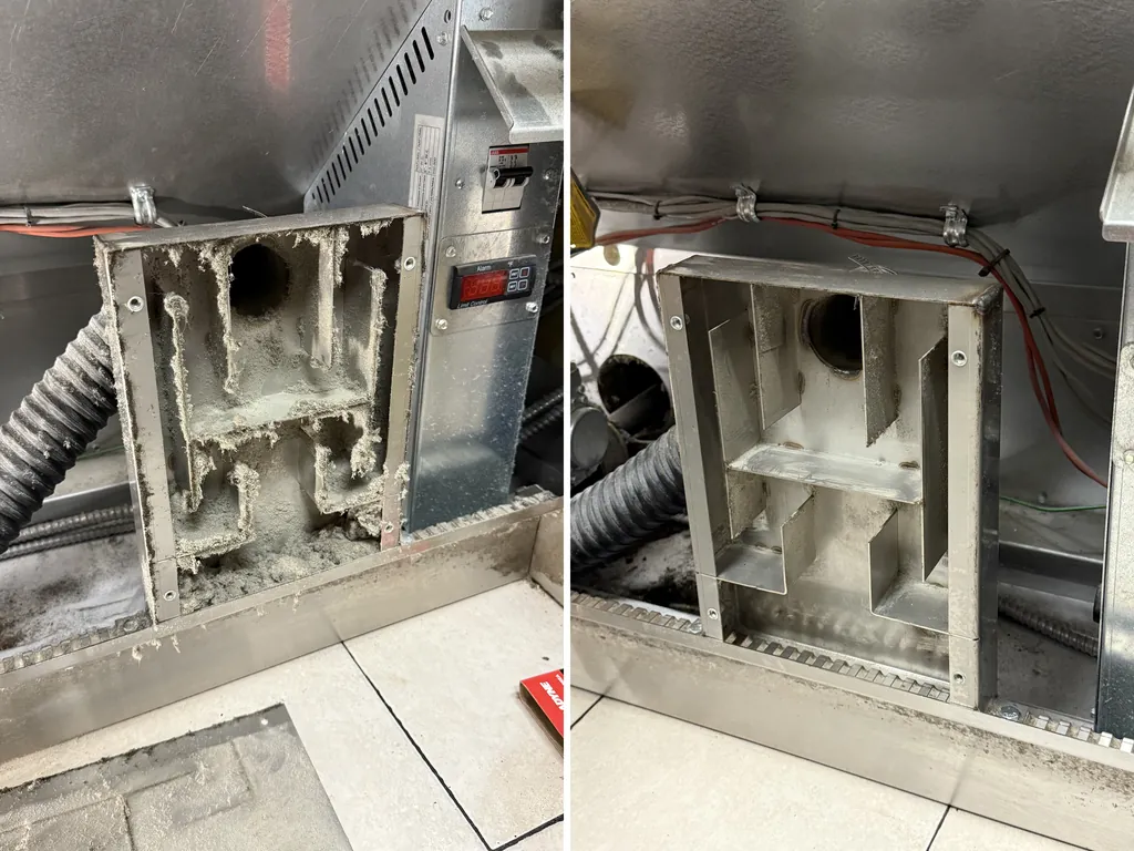 Picard revolving tray oven combustion air intake manifold clogged with flour before cleaning and clean after