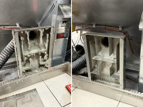 Picard revolving tray oven combustion air intake manifold clogged with flour before cleaning and clean after