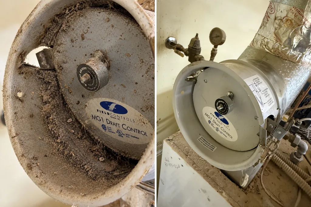 Barometric draft control on a Polin oven flue before and after cleaning