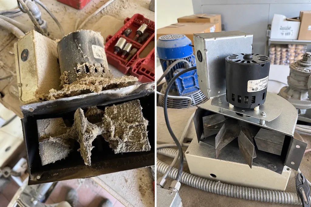 Polin rack oven exhaust blower before cleaning packed with flour dust and after cleaning