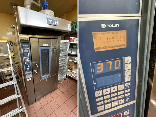 Polin rotating rack convection oven and its control panel during repair in a Las Vegas bakery