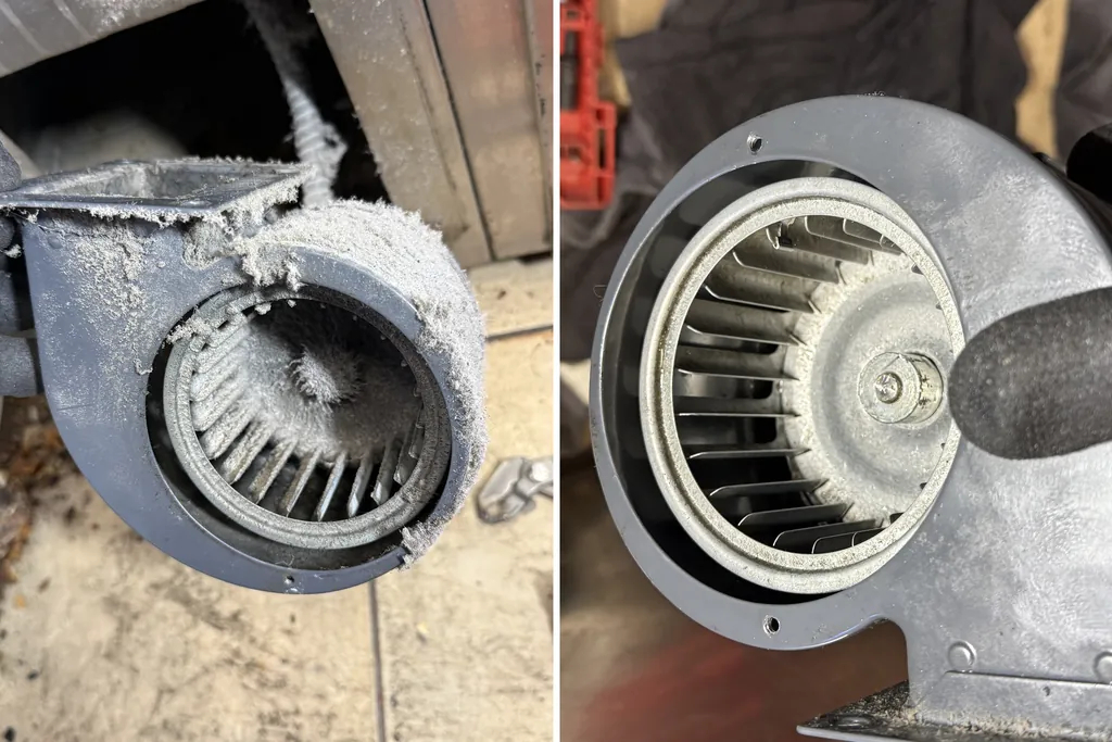 Roto-Flex pizza oven combustion blower wheel clogged with dust before cleaning and clean after