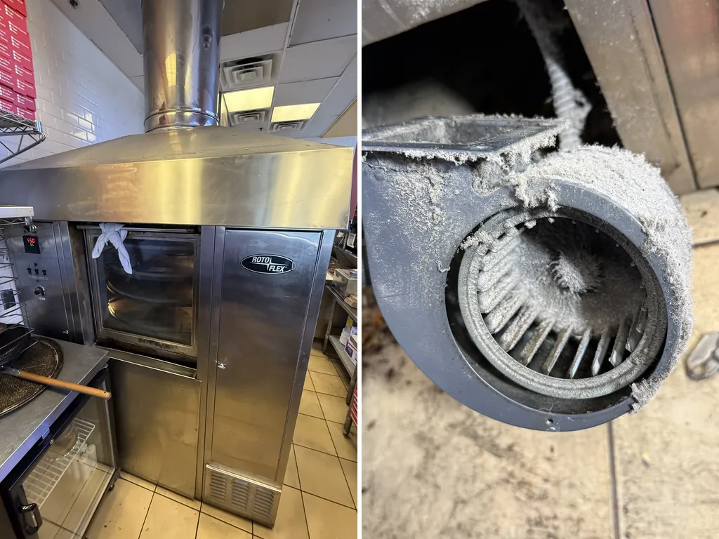 Roto-Flex rotating deck pizza oven and its clogged combustion blower in a Las Vegas pizzeria
