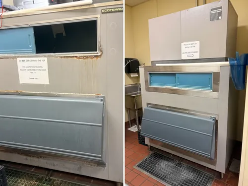 Scotsman commercial ice machine bin before and after restoration of its corroded door frames in Las Vegas