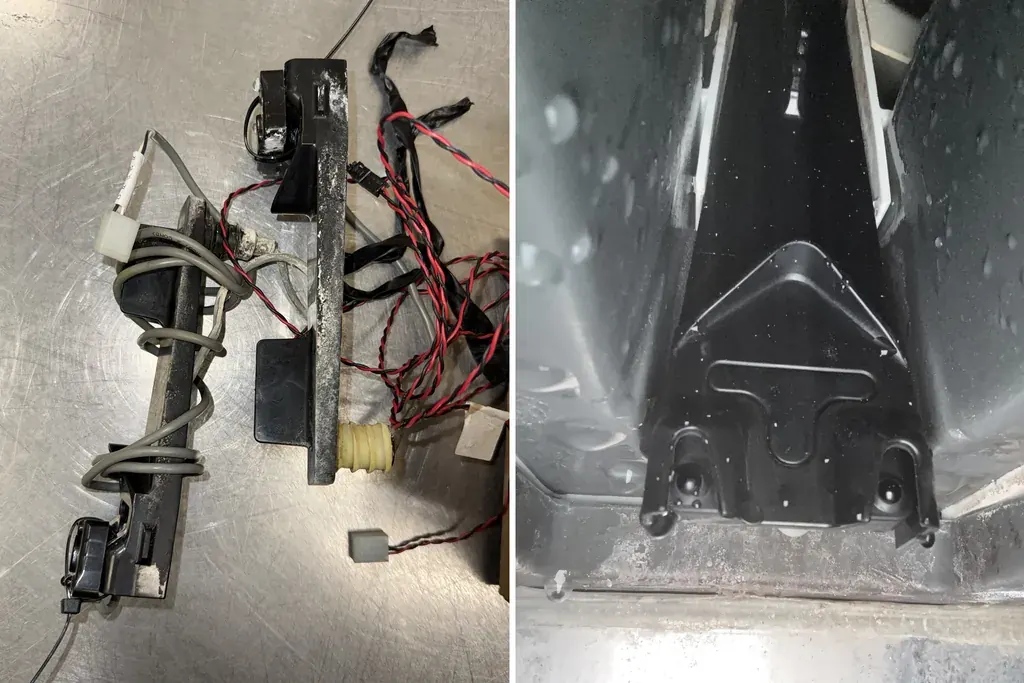 Old scaled ice sensors next to the new optical sensors installed under the evaporator of a Scotsman ice machine