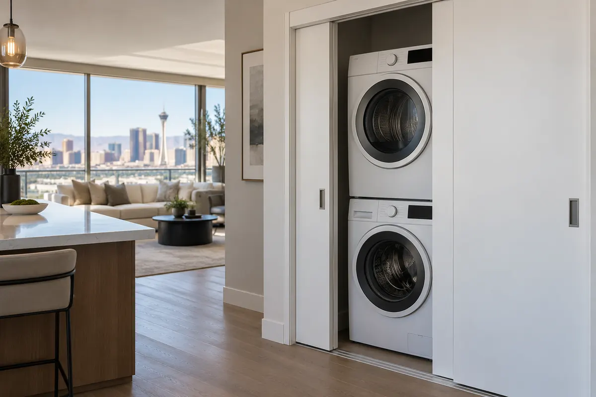 Compact stacked washer and dryer in a condo closet