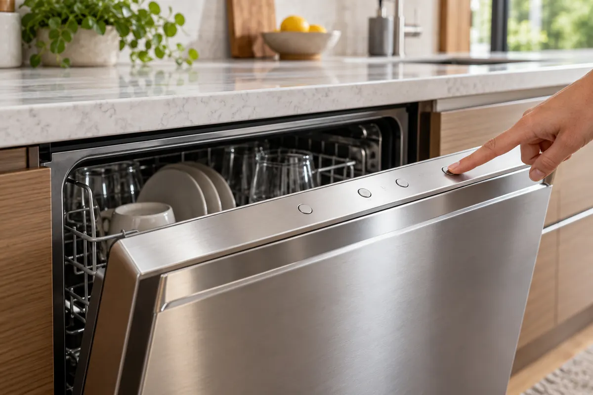 Finger pressing the hidden top controls on a stainless dishwasher door