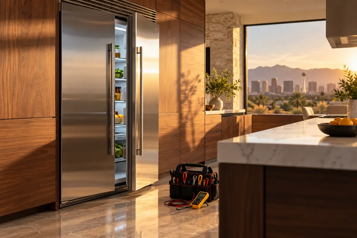 Built-in stainless side-by-side refrigerator in walnut cabinetry with a technician's tool bag