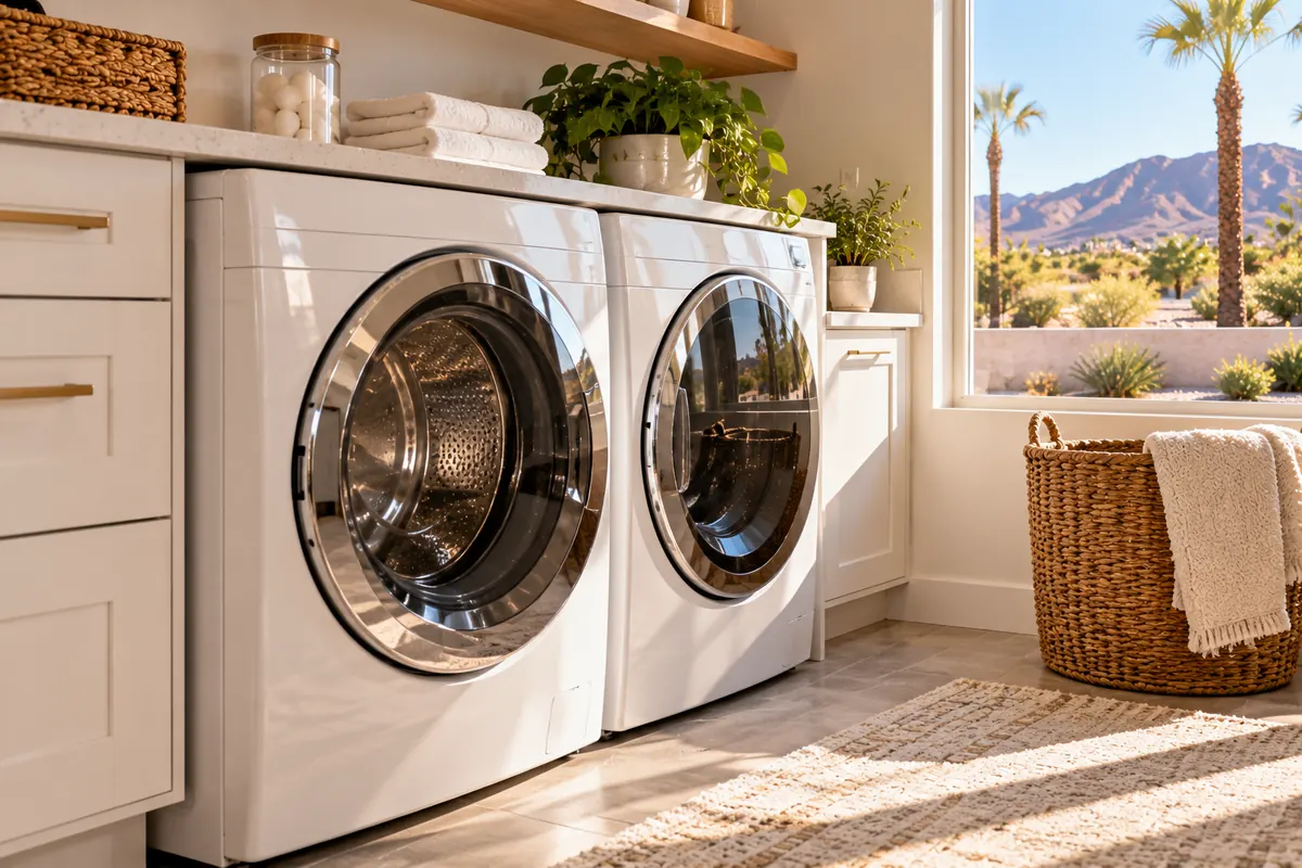 White front-load washer and dryer pair in a bright laundry room