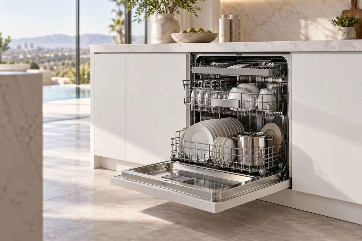 Panel-ready dishwasher open with a loaded cutlery tray and racks