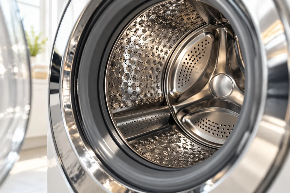 Close-up of a premium front-load washer drum with a honeycomb pattern