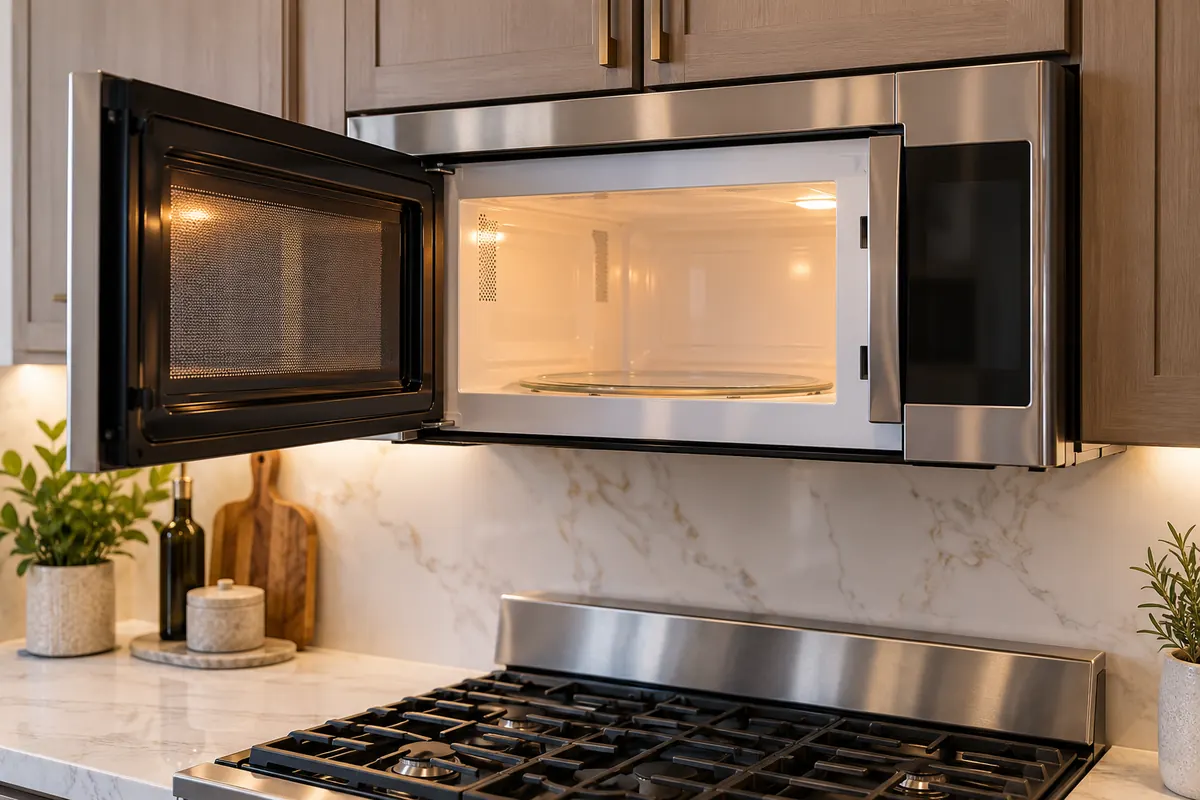 Over-the-range microwave with the door open above a gas range