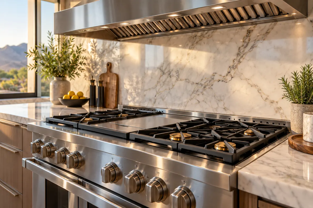 Pro-style stainless gas rangetop under a stainless hood in a luxury kitchen