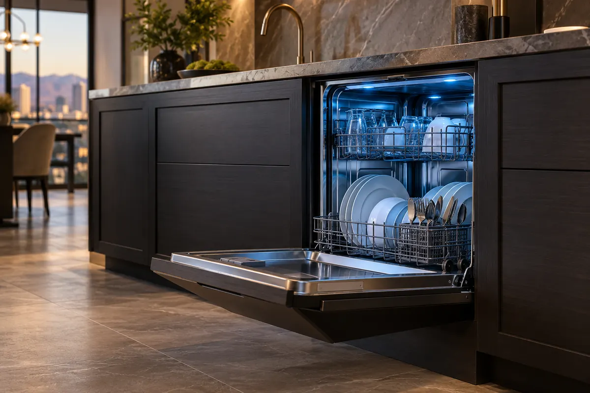 Panel-ready dishwasher open with blue interior light in a dark-cabinet kitchen
