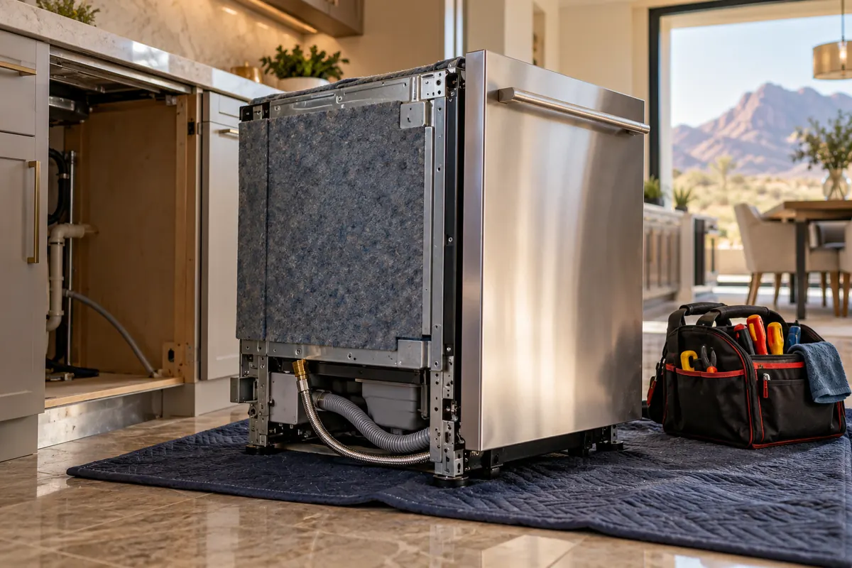 Dishwasher pulled out from under the counter onto a blanket for service