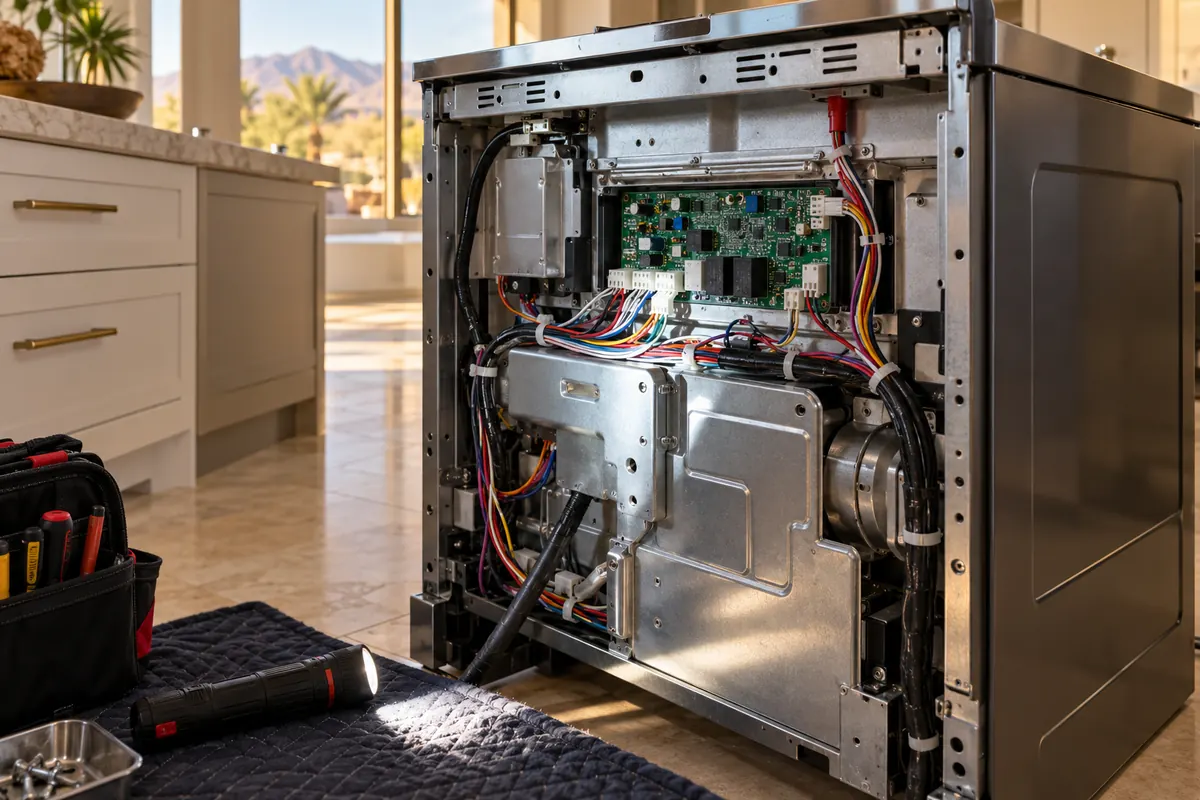 Range pulled from the wall with the rear panel open, showing wiring and the control board