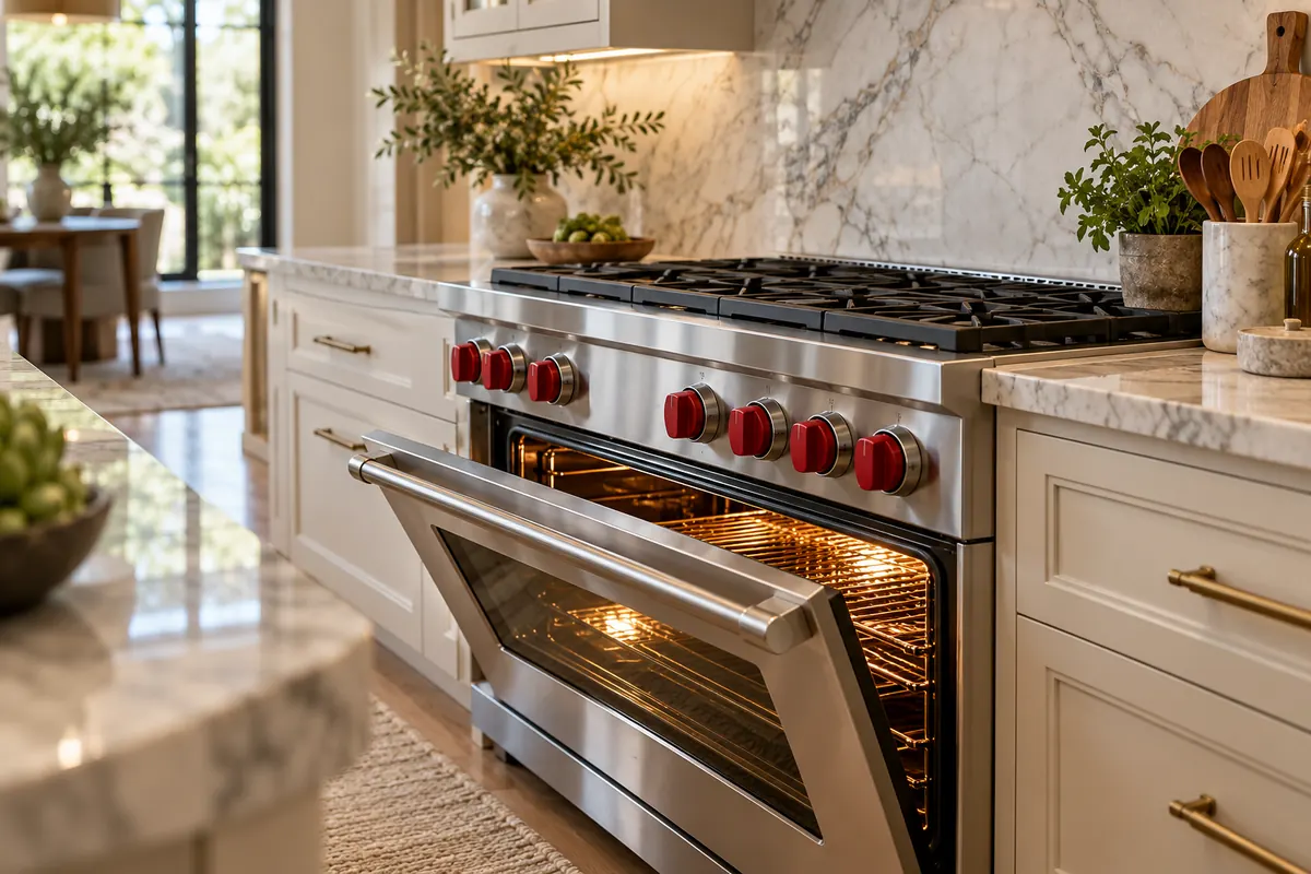 Professional dual-fuel range with red knobs in a luxury kitchen